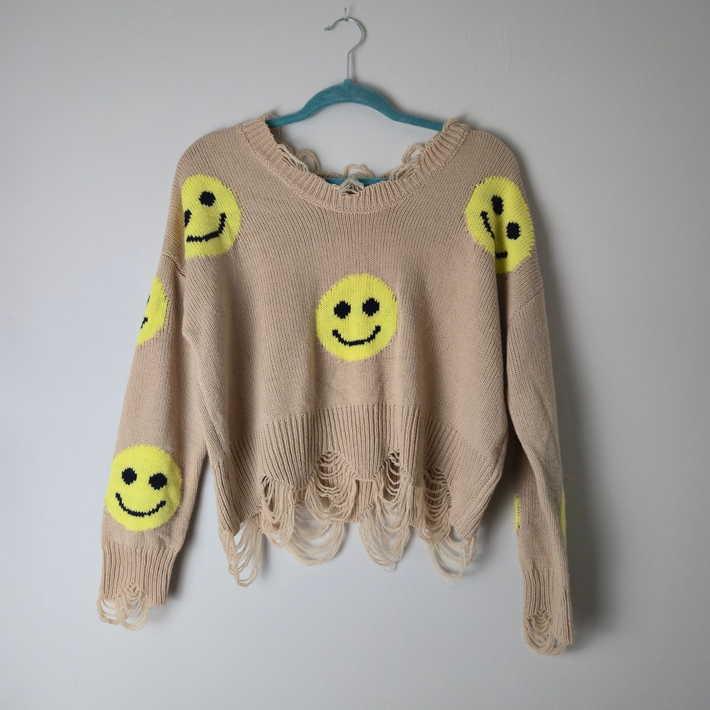 Smiley Face Distressed Knit Cropped Sweater Tan Beige Yellow Pullover Top